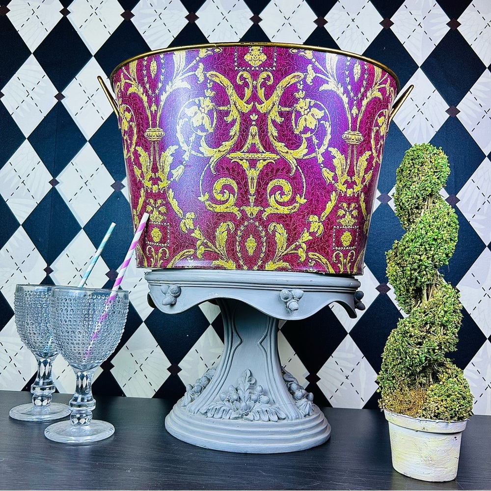 Large Burgundy Gold Baroque Metal Ice Bucket Oval Champagne‎ Tub Planter 15”